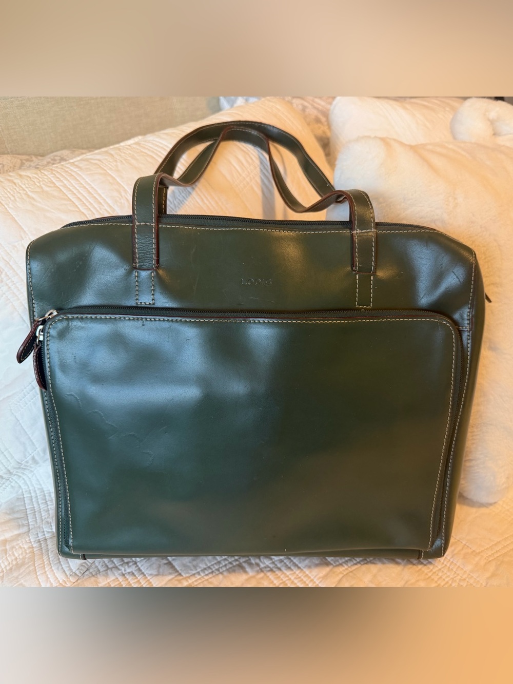 Lodis Audrey Forest Green Leather Laptop Tote with Scarf 14x13 - Picture 2 of 13